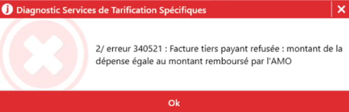 Ce message apparaît en générant une feuille de soins avec du tiers payant AMO et AMC. Il signifie que la totalité est prise en charge par l'AMO