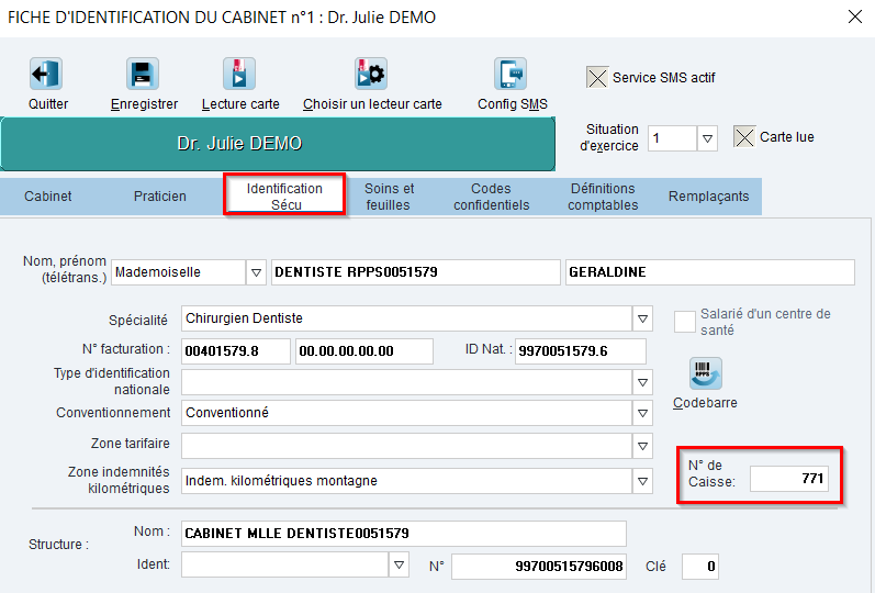 Dans l'onglet Identification Sécu, corrigez le champ N° de Caisse : il correspond à votre département suivi de 1 (par exemple 771 pour le département 77)