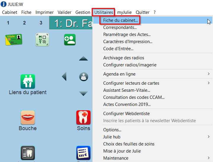 Ouvrez le menu Utilitaires > Fiche du cabinet