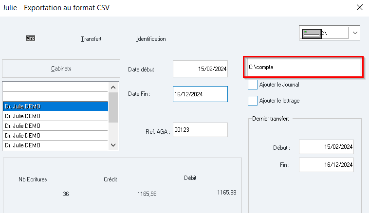 Remplacez le chemin C:\ par un sous-dossier du disque C, par exemple C:\compta