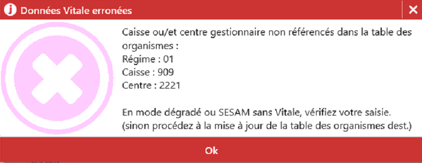 Ce message s'affiche lors de la création d'un devis : la caisse ou le centre renseignés dans l'onglet AMO sont incorrects, les droits du patient doivent être…