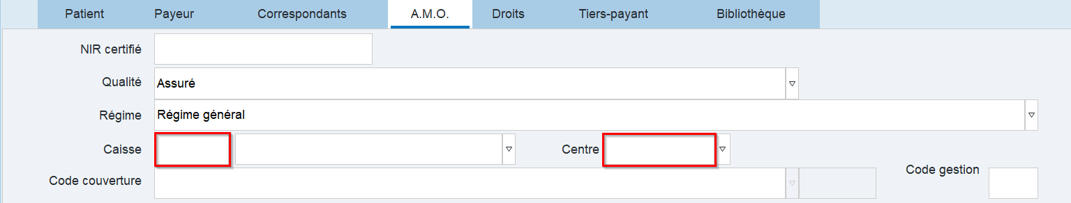Indiquez la caisse et le centre qui figurent sur l'attestation de droits du patient