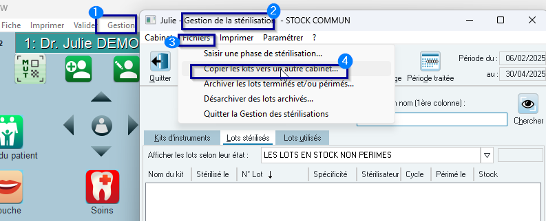 Ouvrez le menu Gestion > Gestion de la stérilisation, puis le menu Fichiers > Copier les kits vers un autre cabinet