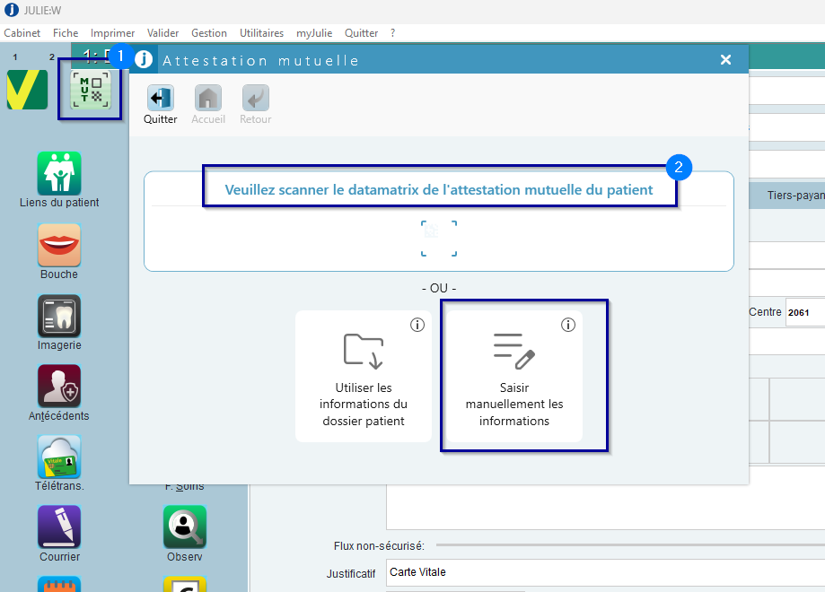 Cliquez sur MUT, puis scannez le datamatrix de l'attestation mutuelle, ou choisissez Saisir manuellement les informations