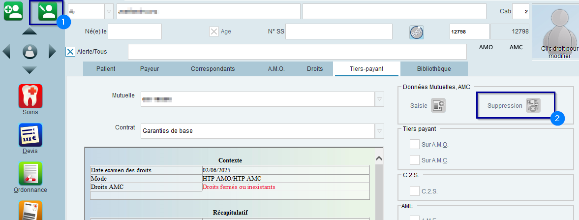 Dans le dossier patient, onglet Tiers-payant, cliquez sur Suppression dans Données Mutuelles AMC