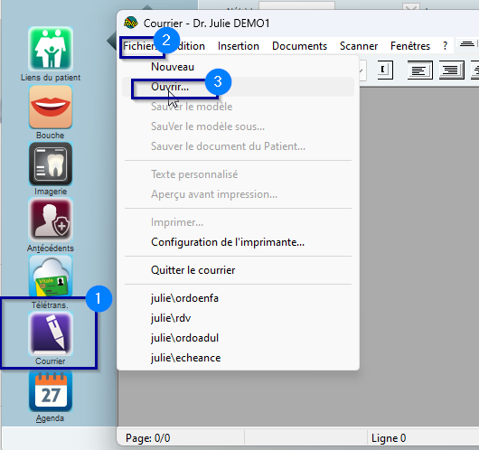 Depuis un dossier patient, cliquez sur Courrier, puis ouvrez le menu Fichiers > Ouvrir…