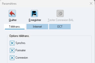 Dans l'onglet Télétrans., vérifiez que Synchro, Formater et Connexion sont cochés. Cochez celle qui manque et enregistrez