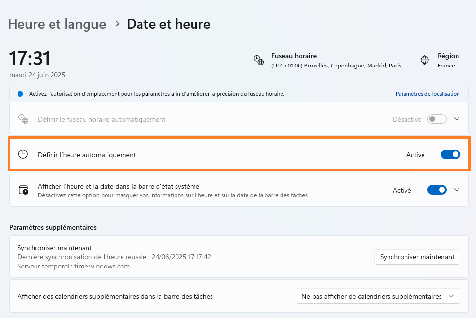 Activez Définir l'heure automatiquement (conseillé)