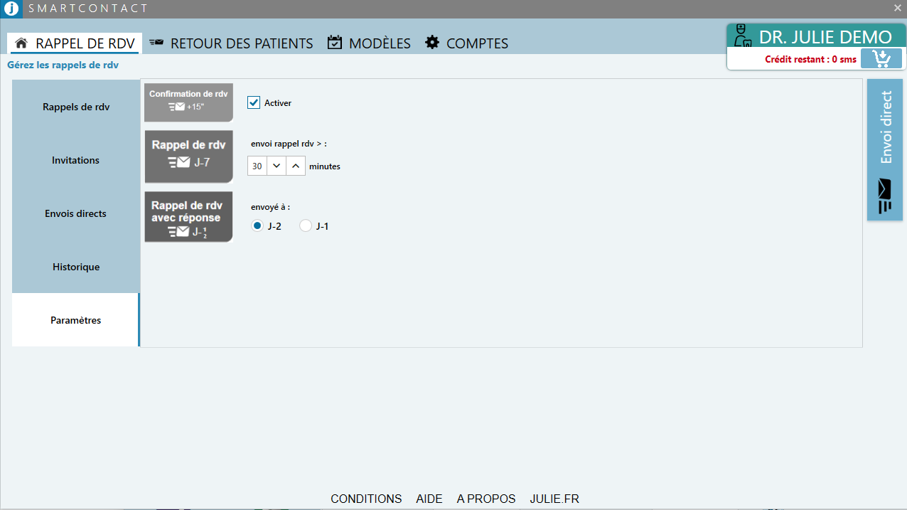 Ouvrez le module Rappel de RDV, onglet Paramètres