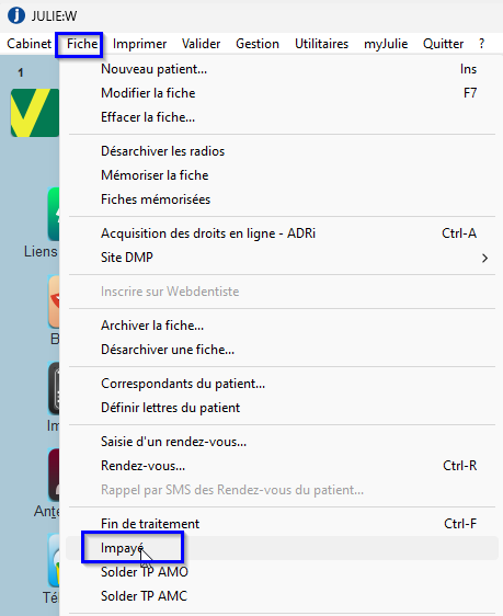 Menu Fiche > Impayé. Un message indique que « Cette option solde le débit du patient sans inscription en comptabilité »