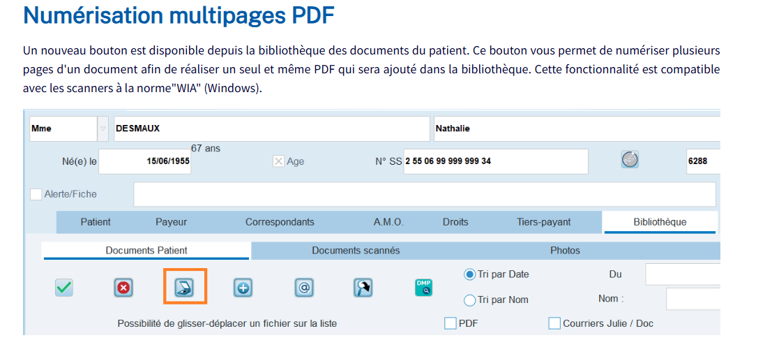 Cliquez sur le bouton de numérisation multipages (3e icône de la barre, encadrée sur l'image)