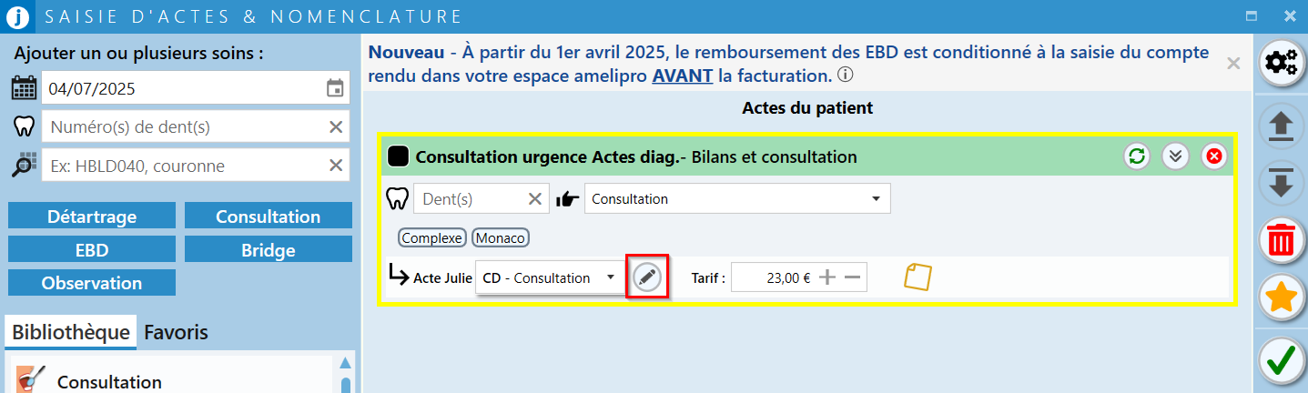 Vous pouvez aussi ouvrir directement la fenêtre Modification d'acte en cliquant sur le crayon à droite de l'acte, depuis la saisie d'actes