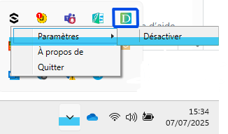 Menu de l'icône Dynamik après avoir décoché « Désactiver ».