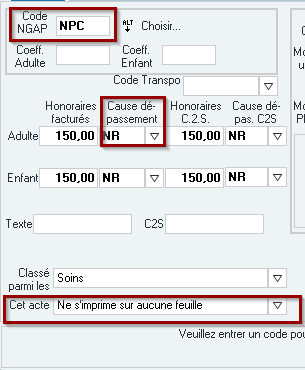 Acte de la CCAM non remboursable (sans montant unitaire) : code NGAP NPC (non pris en charge) et cause de dépassement NR (non remboursable)
