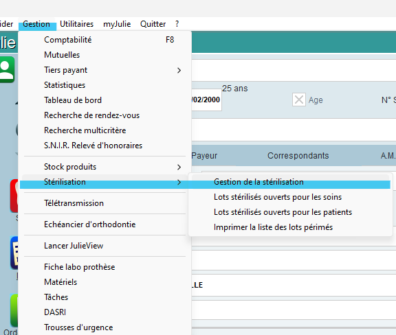 Ouvrez le menu Gestion > Stérilisation > Gestion de la stérilisation