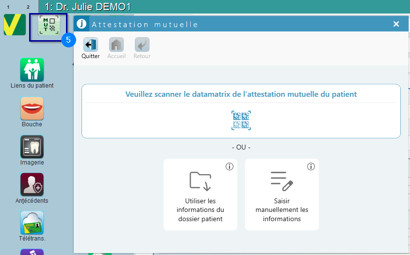 Cliquez sur MUT, puis scannez l'attestation ou saisissez manuellement la nouvelle mutuelle