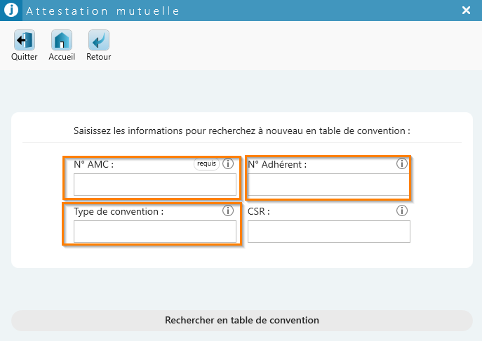 Saisissez le N° AMC et le N° Adhérent, le Type de convention et le CSR s'il figure sur l'attestation du patient, puis cliquez sur Rechercher en table de conv…