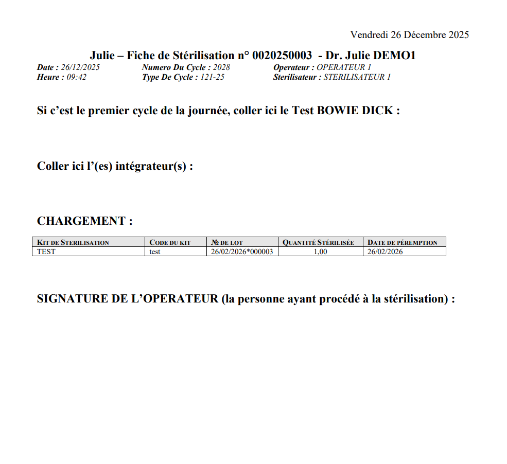 Avec Word activé, elle s'imprime au format document « Julie – Fiche de Stérilisation ». Si vous obtenez le premier modèle au lieu du second, activez Word