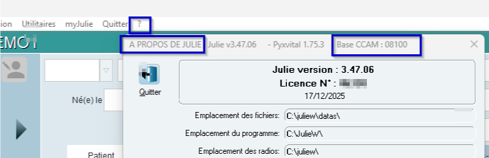 Regardez la version de la Base CCAM, affichée dans le titre de la fenêtre