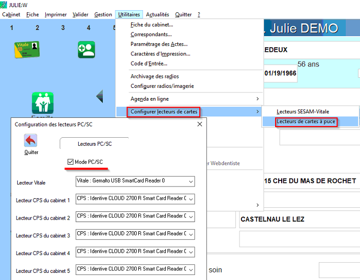 Menu Utilitaires > Configurer lecteurs de cartes > Lecteurs de cartes à puce, et fenêtre Configuration des lecteurs PC/SC avec la case Mode PC/SC cochée.