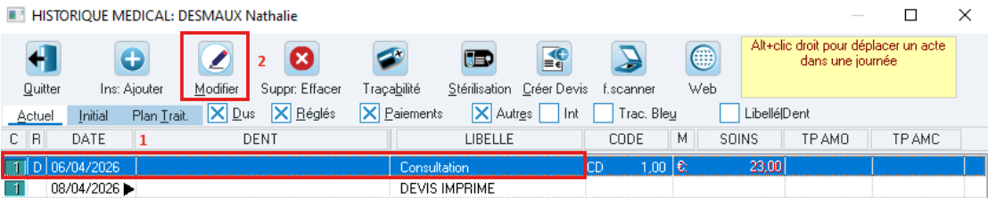Sélectionnez l'acte réalisé le jour férié et cliquez sur Modifier