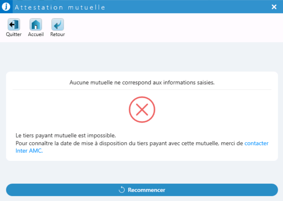 Quand la mutuelle n'est pas visible dans Julie, l'attestation mutuelle affiche ce message