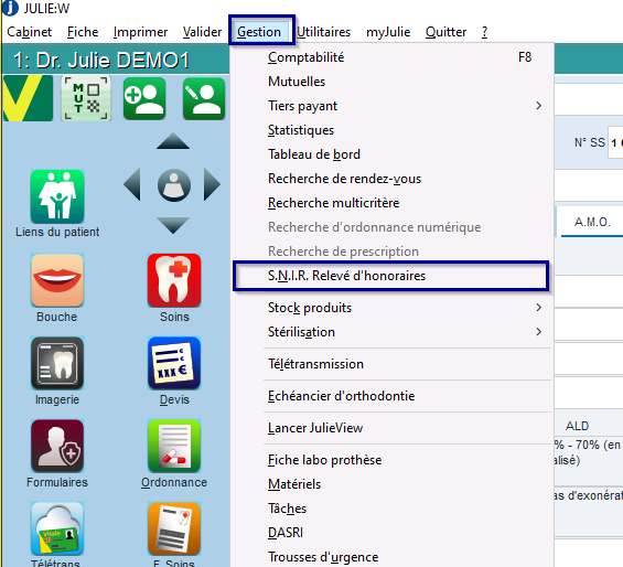 Ouvrez le menu Gestion > S.N.I.R. Relevé d'honoraires pour l'imprimer