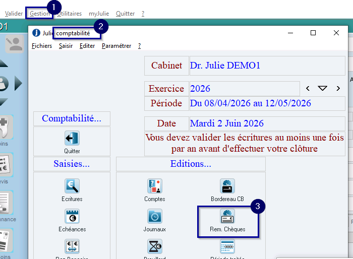 Ouvrez le menu Gestion > Comptabilité, puis cliquez sur Rem. Chèques