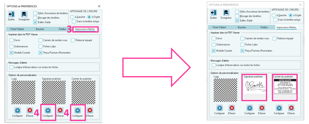 Sous Signature praticien (et Cachet du praticien si besoin), cliquez sur Configurer et choisissez l'image sur votre ordinateur. Passez par le chemin Réseau p…