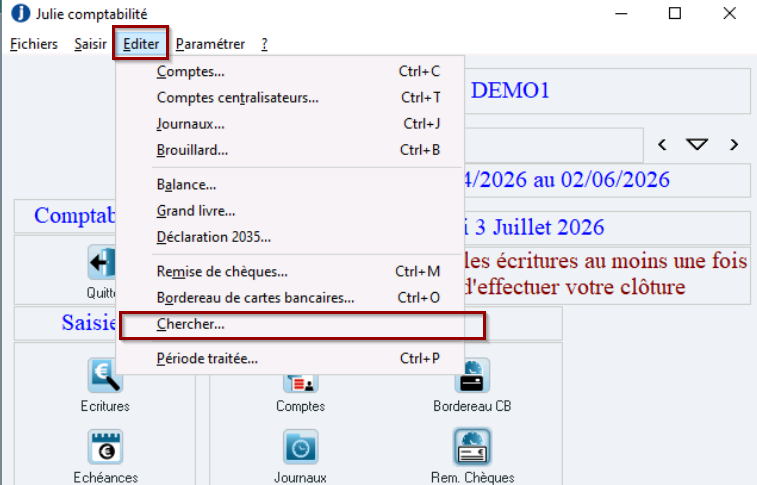 Dans la comptabilité, ouvrez le menu Éditer > Chercher