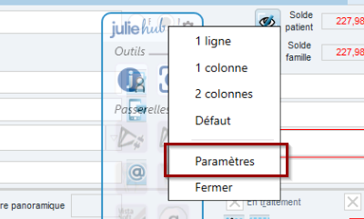 Clic droit sur Julie Hub : menu avec l'option Paramètres.