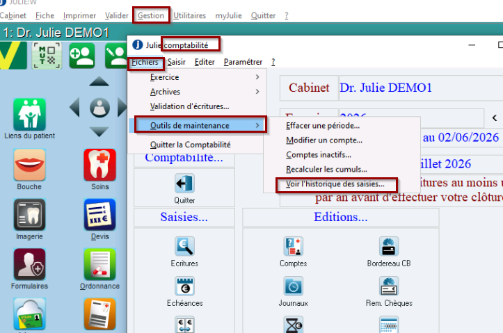 Dans la comptabilité, ouvrez le menu Fichiers > Outils de maintenance > Voir l'historique des saisies