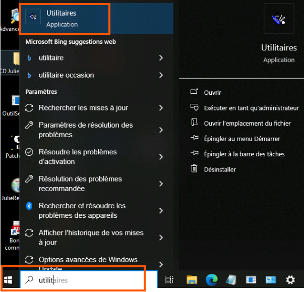 Dans la barre de recherche Windows, lancez l'application Utilitaires