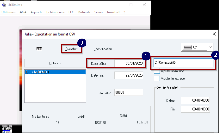 Renseignez la date de début de l'exercice, puis le chemin du dossier Comptabilité créé sur le disque C:, et cliquez sur Transfert