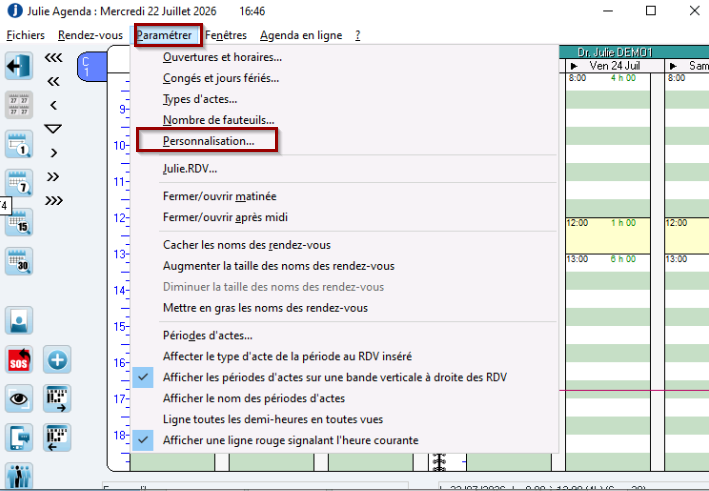 Dans l'agenda, ouvrez le menu Paramétrer > Personnalisation
