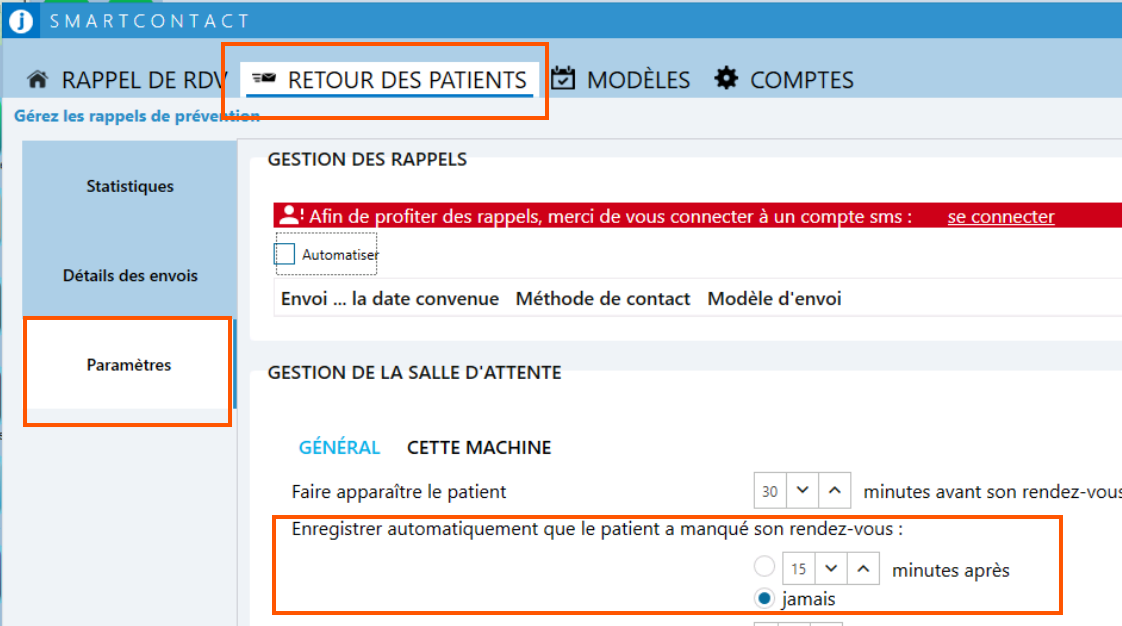 Ouvrez l'onglet Retour des patients, puis Paramètres