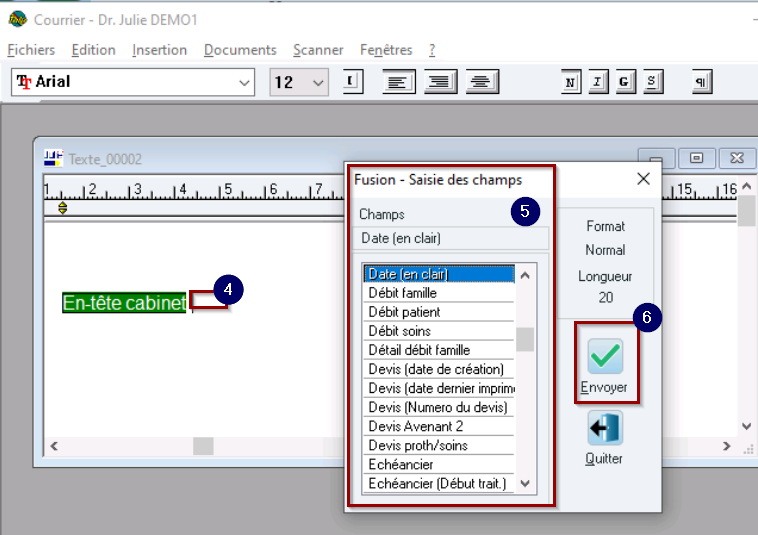 Dans la fenêtre Fusion – Saisie des champs, choisissez le champ, puis cliquez sur Envoyer