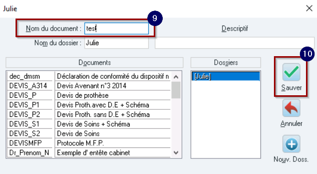Saisissez le Nom du document, sans espace ni caractère spécial, puis cliquez sur Sauver