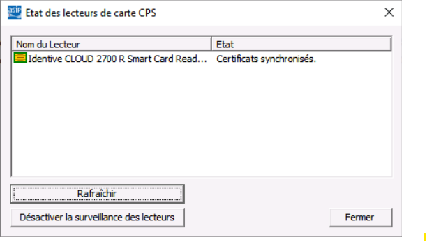 Exemple de problème : la fenêtre « Etat des lecteurs de carte CPS » n'affiche qu'une seule ligne (lecteur Identive CLOUD 2700 R – Certificats synchronisés) au lieu de deux.