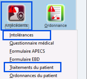 Choisissez Intolérances ou Traitements du patient