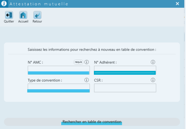 En saisie manuelle, renseignez le N° AMC, le N° Adhérent et le Type de convention, puis cliquez sur Rechercher en table de convention