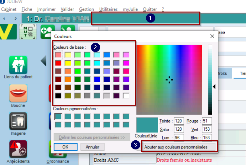 Clic droit sur la barre du cabinet : fenêtre Couleurs avec les couleurs de base et le bouton OK.
