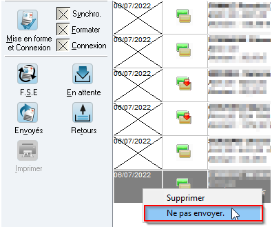 Mettez vos FSE en Ne pas envoyer (clic droit sur la FSE) : une croix s'affiche sur la date de la FSE