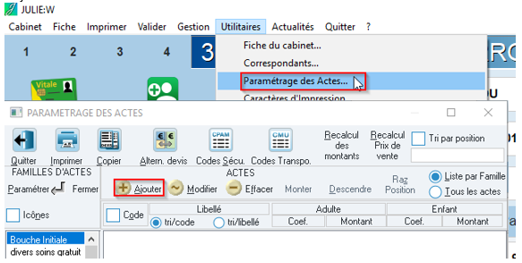 Ouvrez le menu Utilitaires > Paramétrage des actes, puis cliquez sur Ajouter
