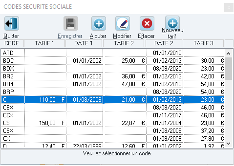 Pour voir les codes NGAP, cliquez sur Codes Sécu.