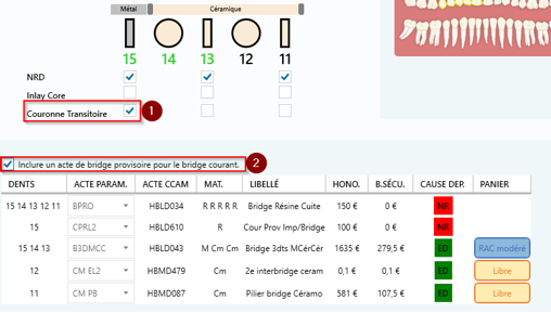 Depuis l'assistant bridge, vous pouvez coter la couronne transitoire et le bridge provisoire de la configuration définie. Ces actes sont toujours non rembour…