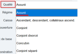 Champ Qualité : liste déroulante avec Assuré sélectionné.