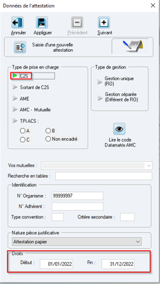 Sélectionnez C2S, saisissez les dates de validité des droits, puis cliquez sur Appliquer
