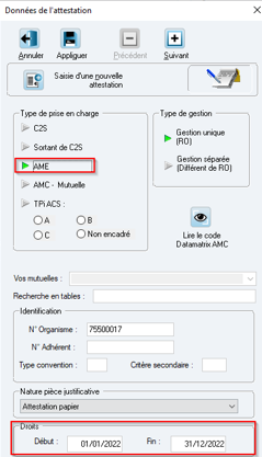 Dans l'onglet Tiers-payant, saisissez l'attestation : sélectionnez AME (la case Gestion unique se coche par défaut), saisissez les dates de droits, puis cliq…