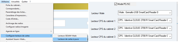 Paramétrage attendu, dans Utilitaires > Configurer lecteurs de cartes > Lecteurs de cartes à puce : « Mode PC/SC » coché, avec le lecteur Vitale (Gemalto) et les lecteurs CPS du cabinet 1 à 3 (Identive CLOUD 2700 R).